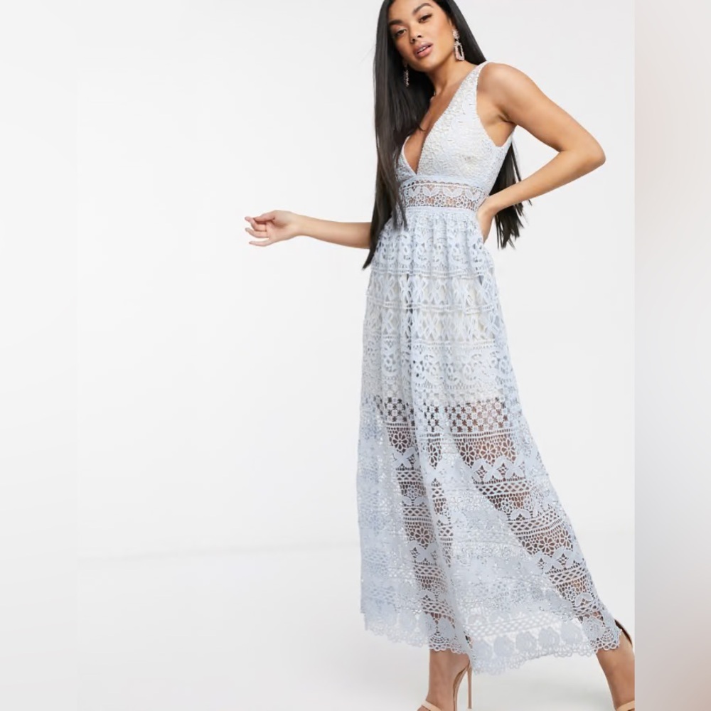 Love Triangle v neck lace overlay midi dress dusky blue
